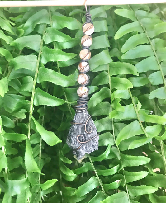 Kyanite Broom in copper wire with Beads