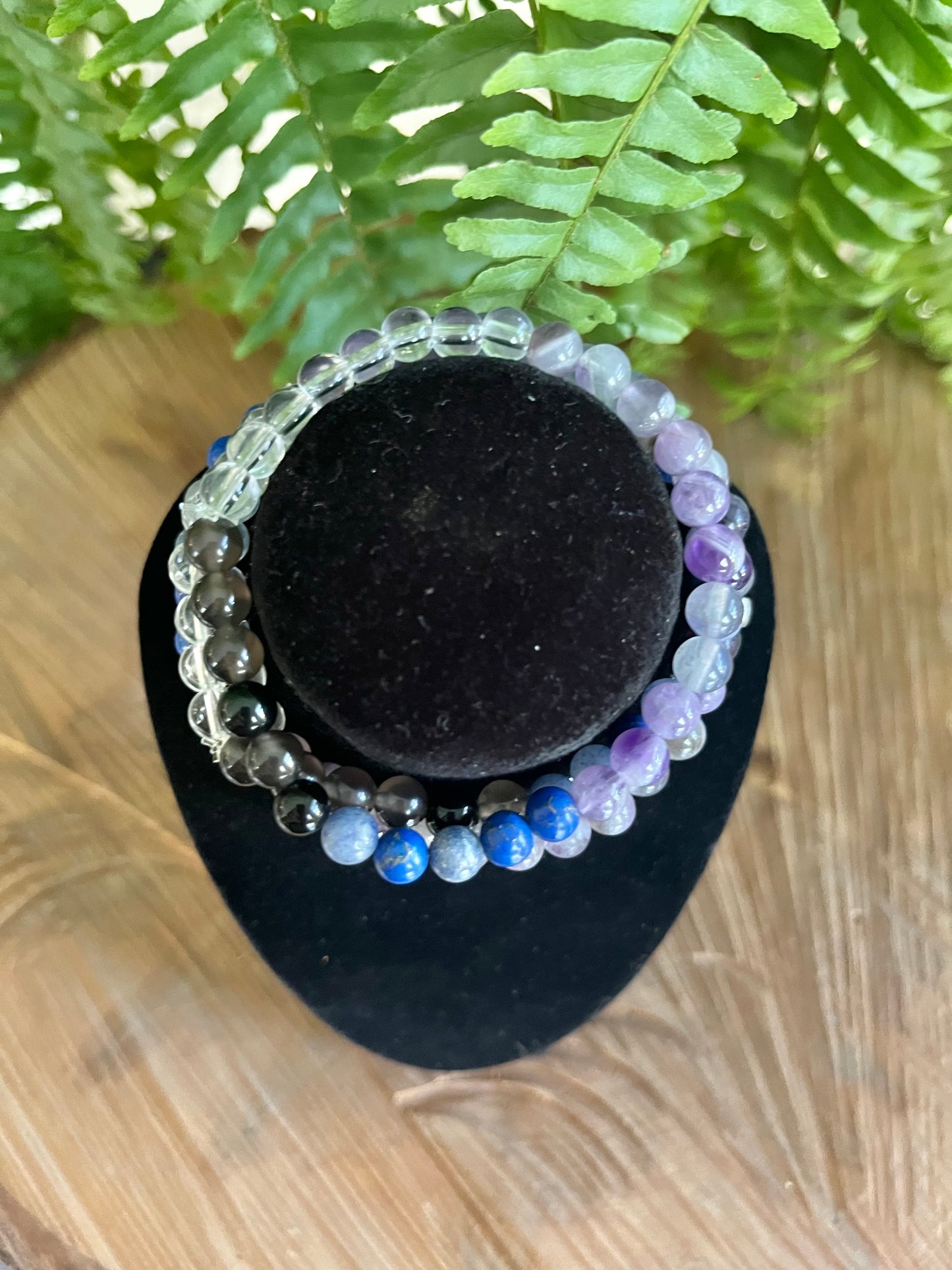 “Emotional Healing” Stretchy Bracelet with Amethyst, Lapis Lazuli, Black Obsidian, White Quartz beads