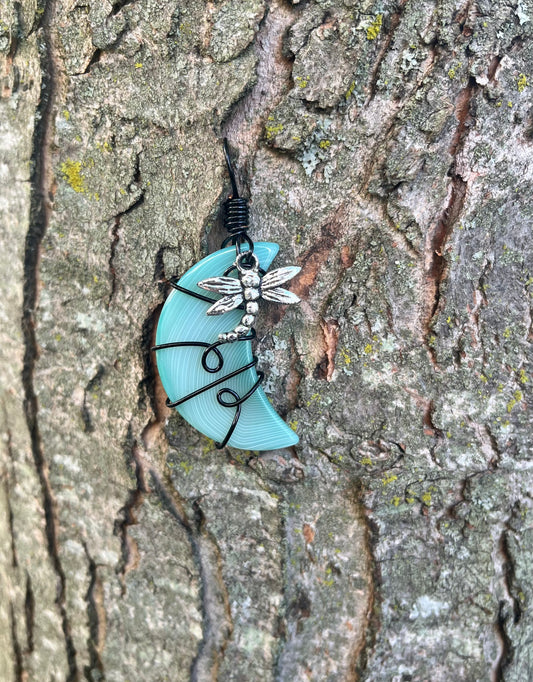 Green Striped Agate Crescent Moon with Dragonfly in black wire