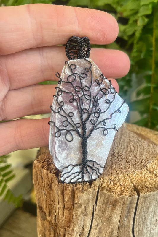 Lepidolite Crystal Tree Pendant – Hand Shaped & Wire Wrapped in Black Wire | Calming Energy Stone Necklace