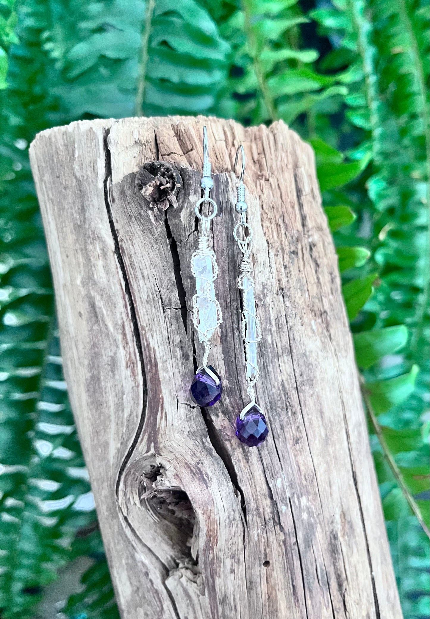 Wire Wrapped Clear Quartz Spear & Purple Faceted Crystal Drop Earrings – Silver