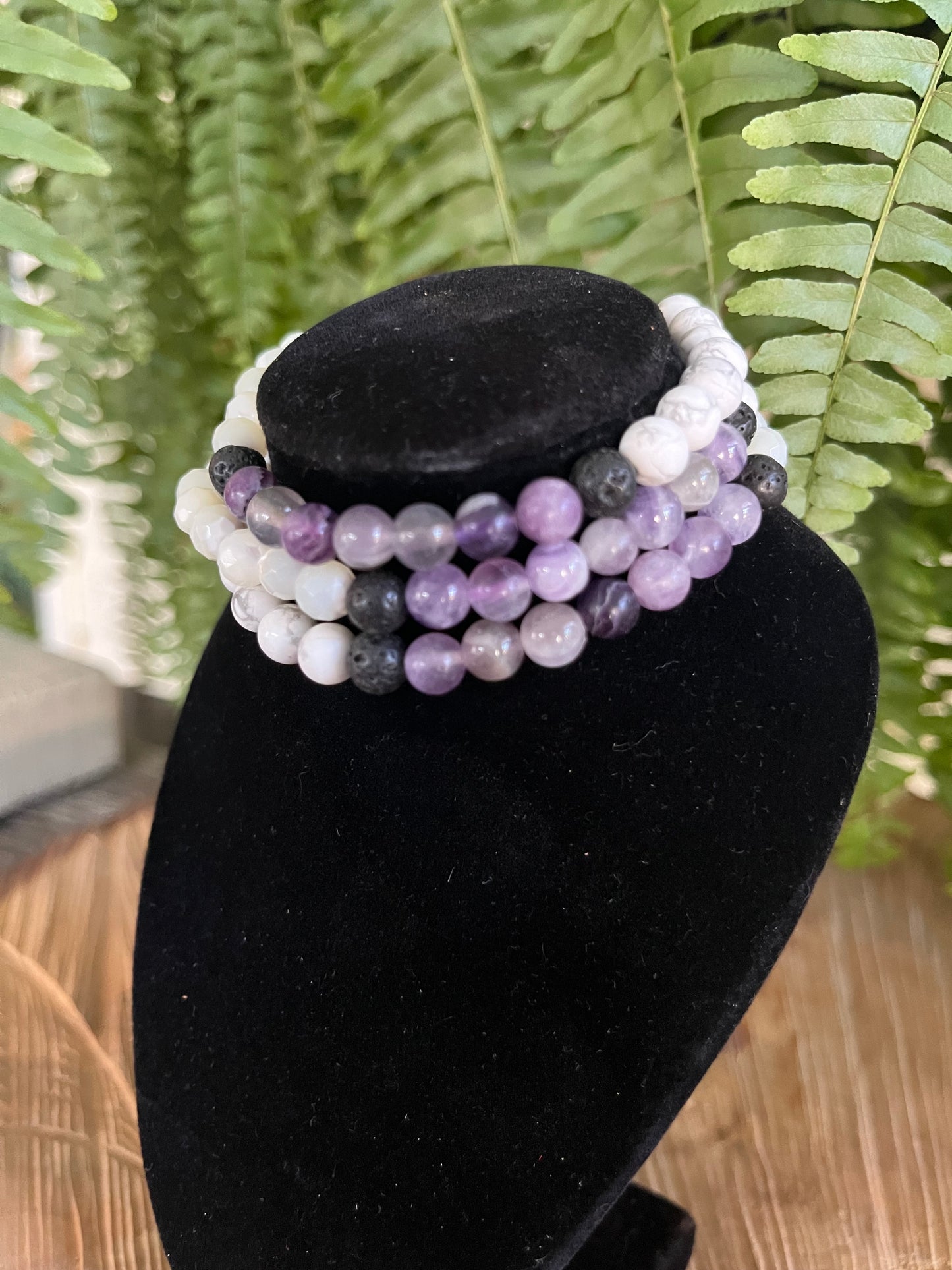 “Reduce Anxiety” Stretchy Bracelet with Amethyst, Howlite, Moonstone, & Lava Beads