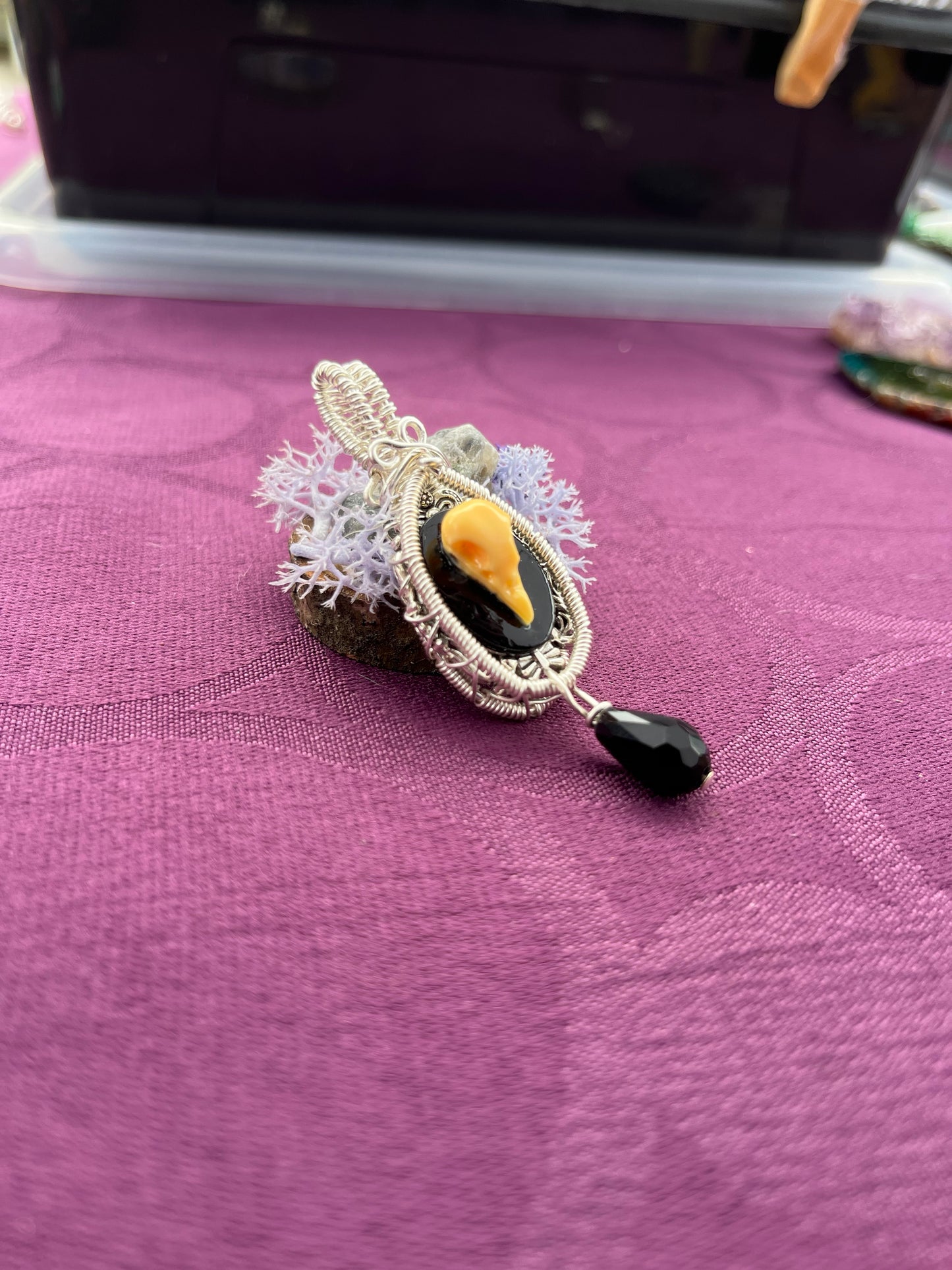 Choose Your Own Gothic Animal Cameo Pendant - Bat, Raven, Cat - Wrapped in Black, Silver, or Copper Wire