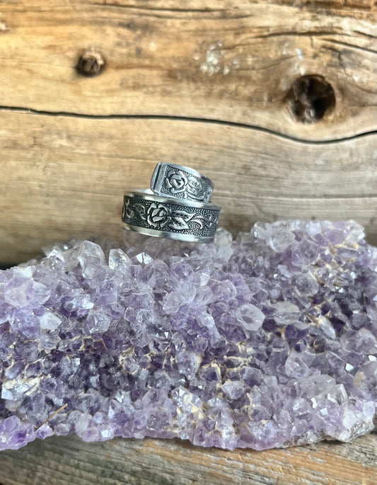 Handmade Vintage Spoon Ring – Rose Pattern Silverware Ring – Floral Statement Ring