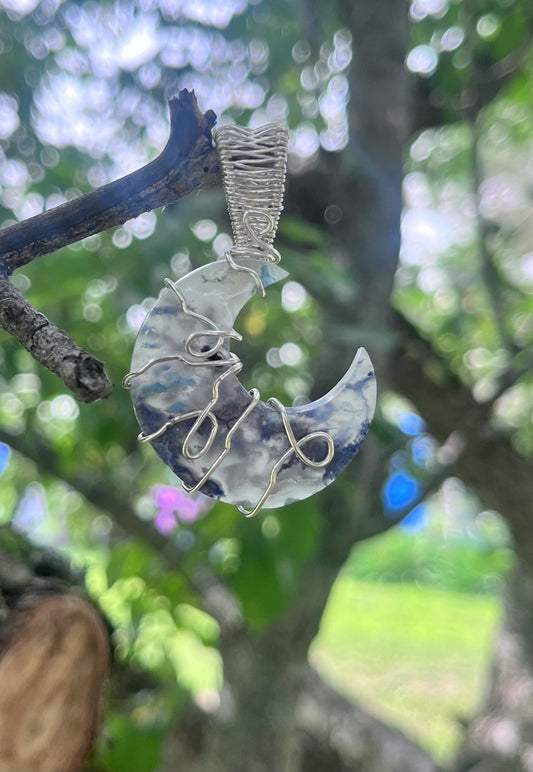 Moss Agate Crescent Moon Pendant in Silver Wire | Hand Wrapped Crystal Necklace