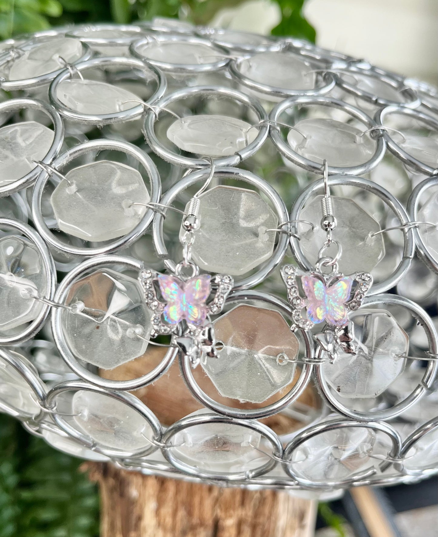 Pink & White Crystal Butterfly Earrings – Iridescent Fairy Wing Dangle Jewelry