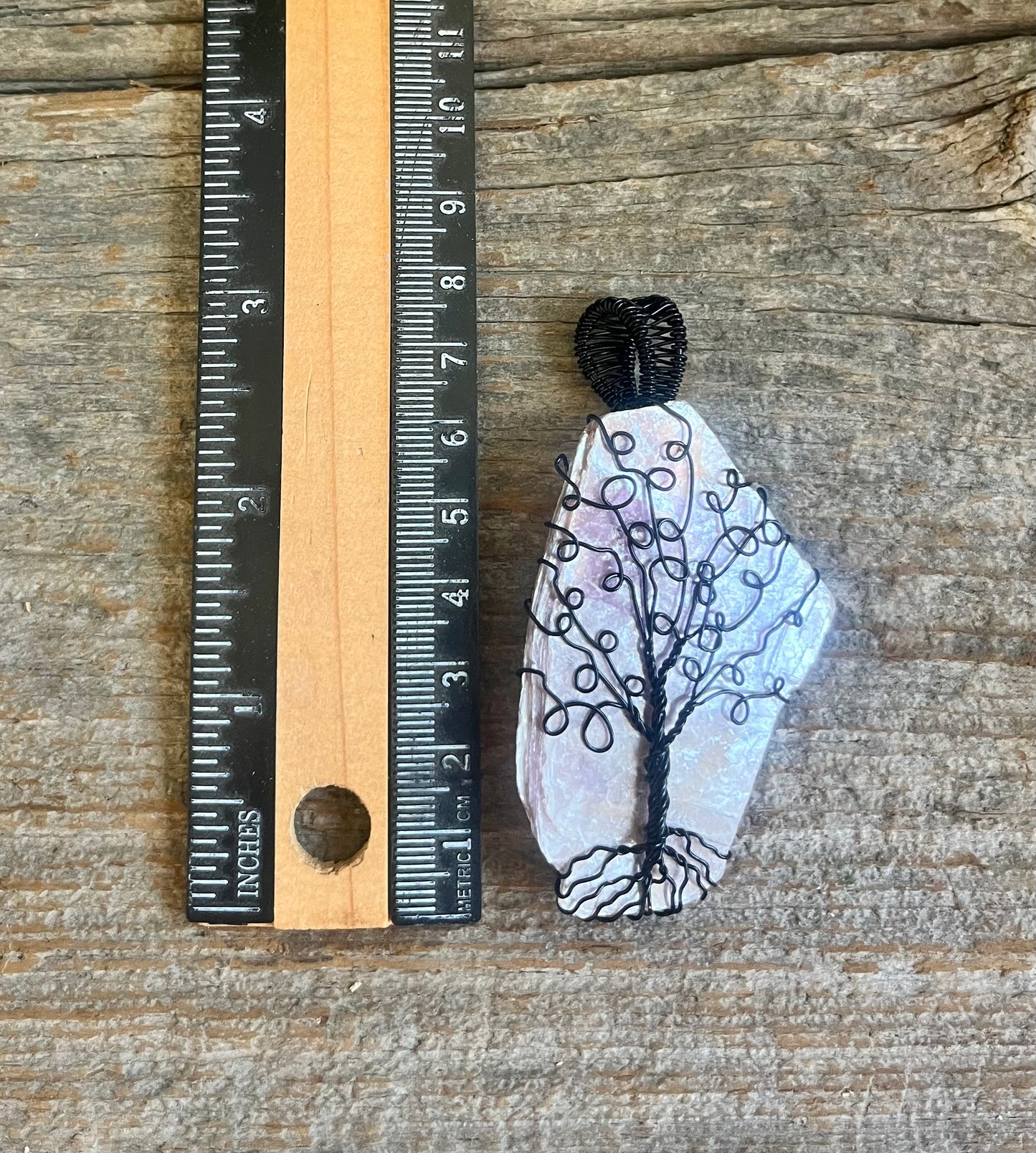Lepidolite Crystal Tree Pendant – Hand Shaped & Wire Wrapped in Black Wire | Calming Energy Stone Necklace