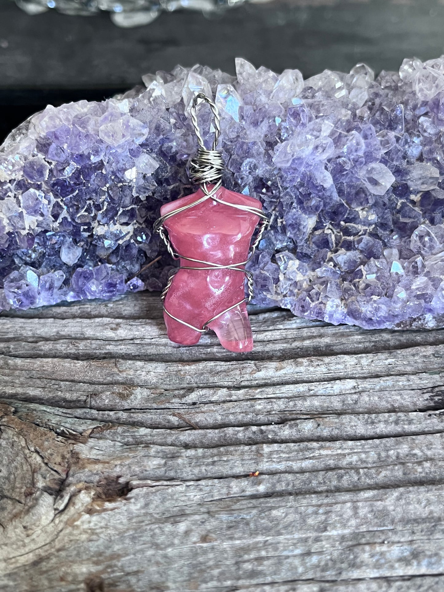 Pink Cherry Quartz Divine Masculine Pendant in Silver Wire | Hand Wrapped Crystal Necklace