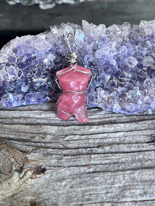 Pink Cherry Quartz Divine Masculine Pendant in Silver Wire | Hand Wrapped Crystal Necklace