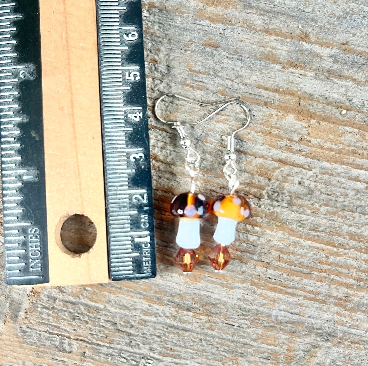 Handmade Glass Mushroom Earrings with Brown Crystal Drops | Whimsical Fairycore Jewelry