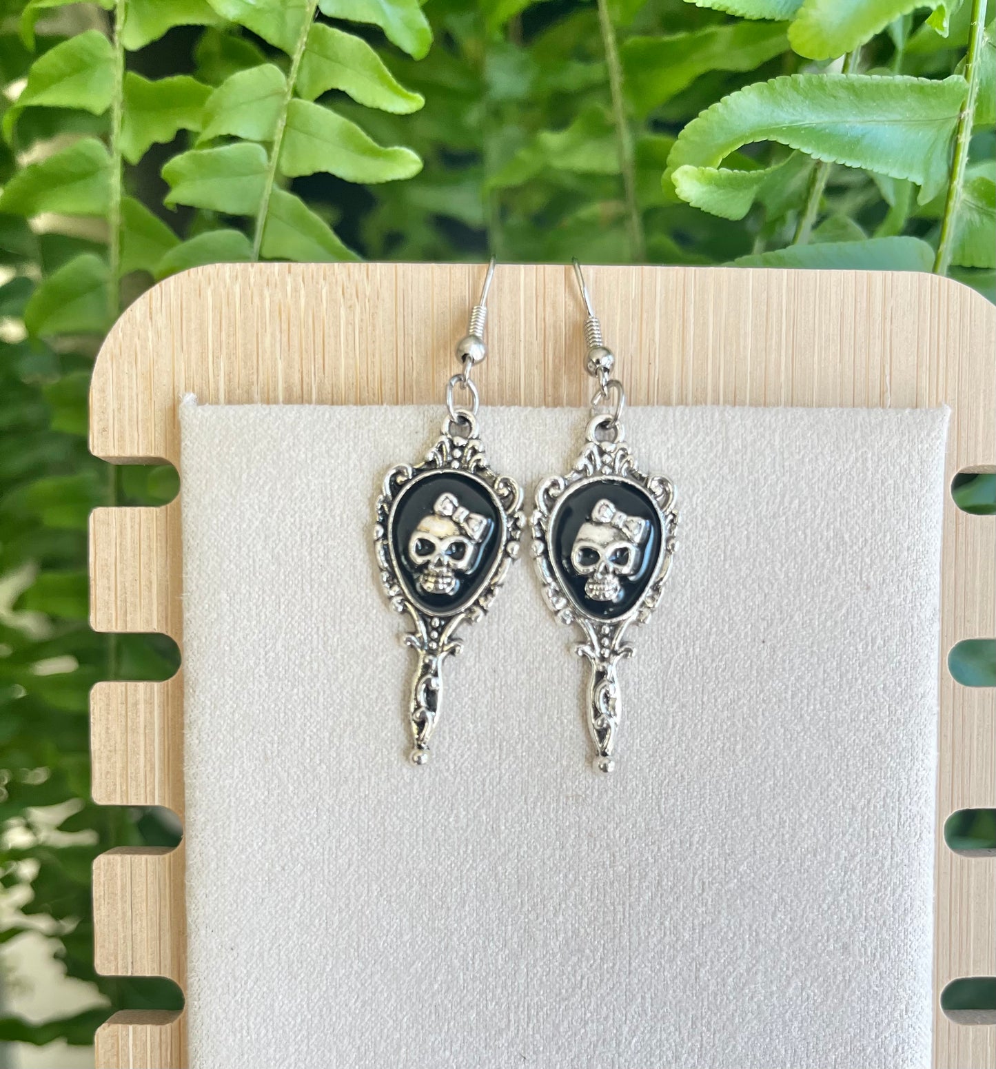 Black & Silver Skulls in Mirror Earrings on silver stainless steel hooks