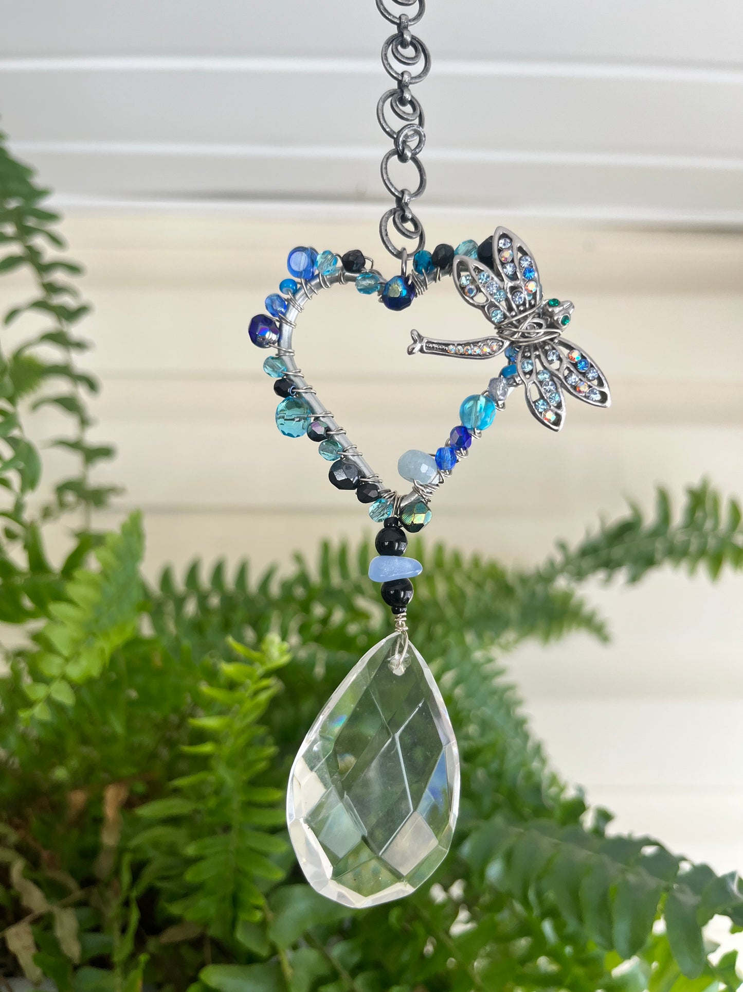 Mini Dragonfly Crystal Suncatcher | Beaded Window Hanging with Faceted Prism