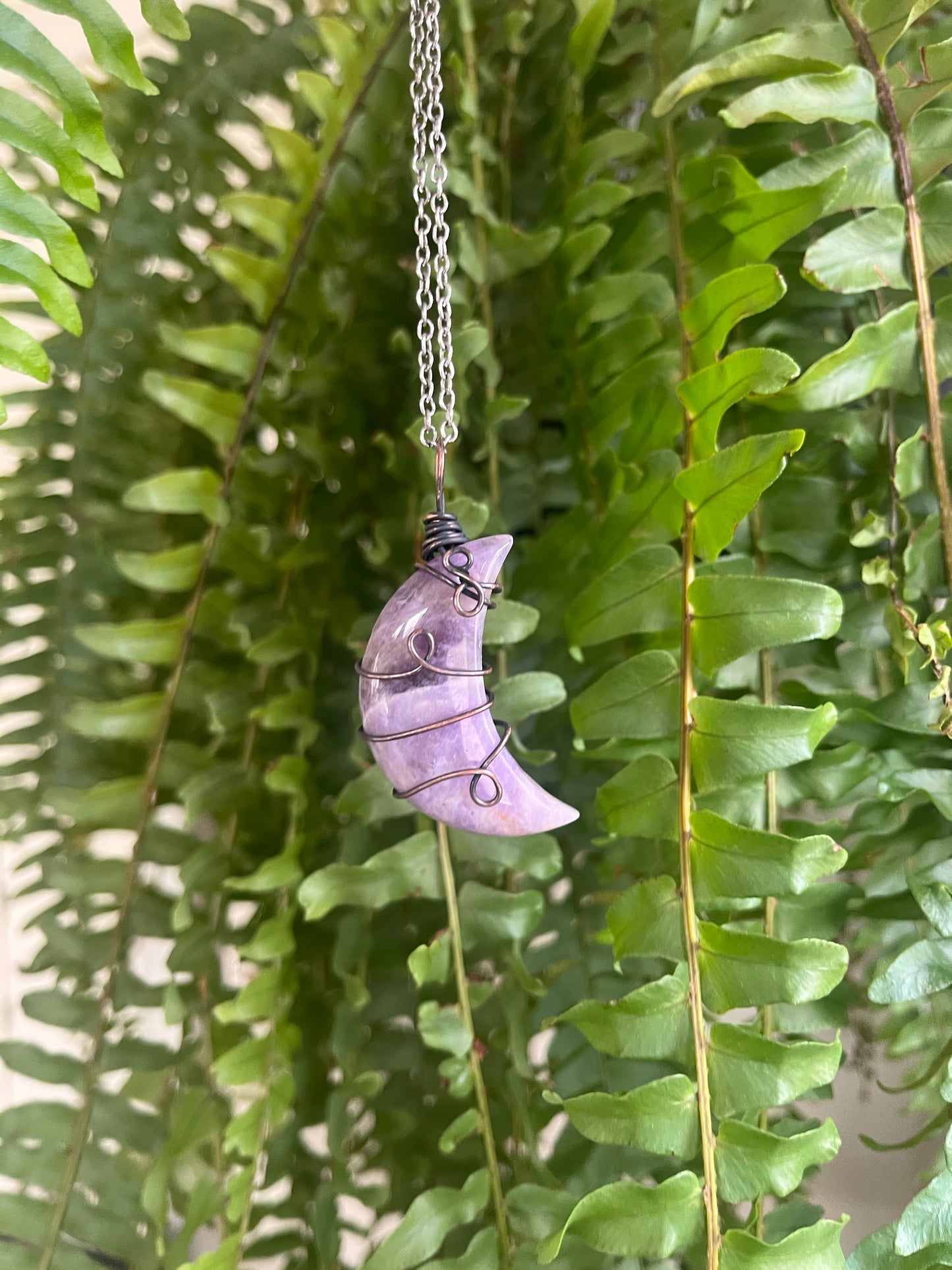 Amethyst Crescent Moon Pendant | Copper Wire-Wrapped | Intuition & Calm