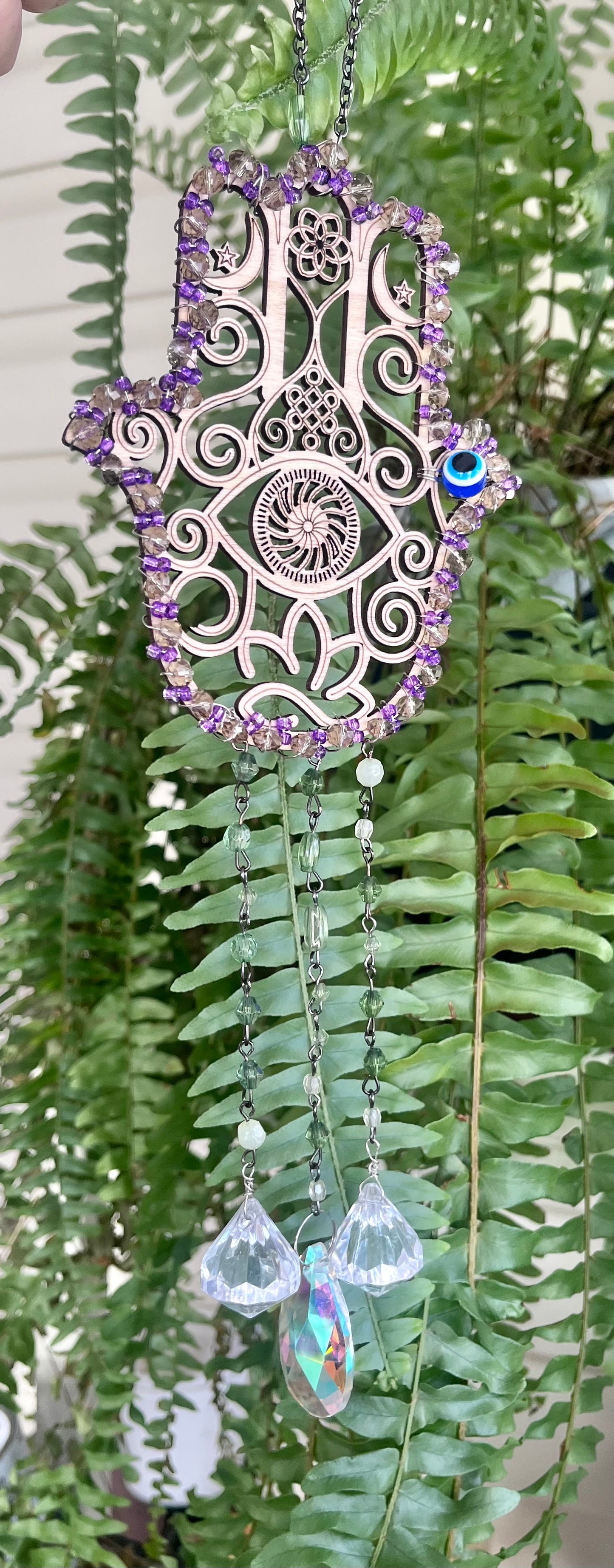 Hamsa Hand Suncatcher with Beads & Crystal Prisms | Protection & Light Decor