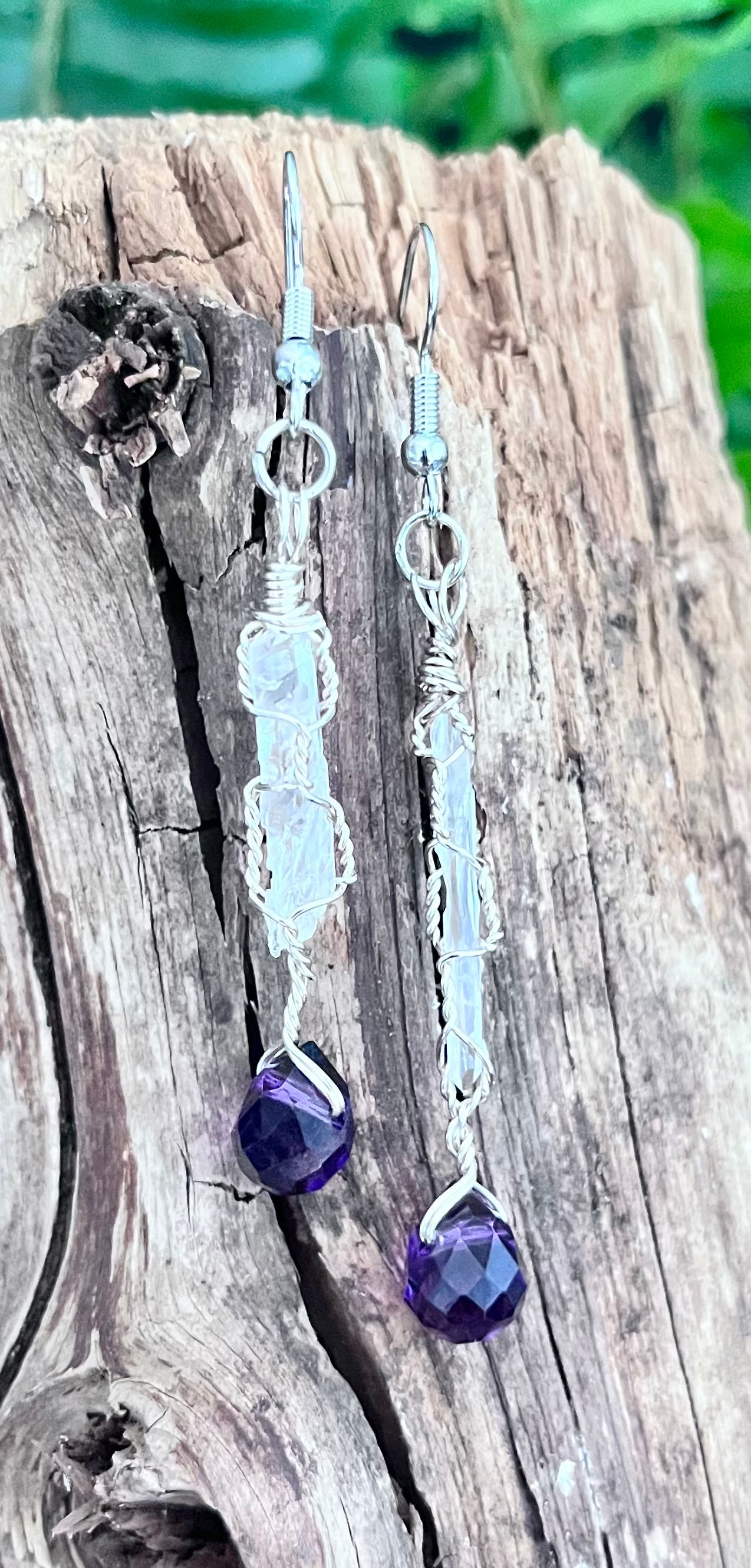 Wire Wrapped Clear Quartz Spear & Purple Faceted Crystal Drop Earrings – Silver