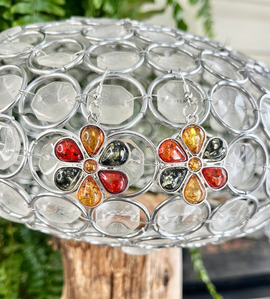 Boho Flower Drop Earrings – Multicolour Faux Amber Style Resin Floral Earrings – Silver Tone Retro Hippie Jewellery