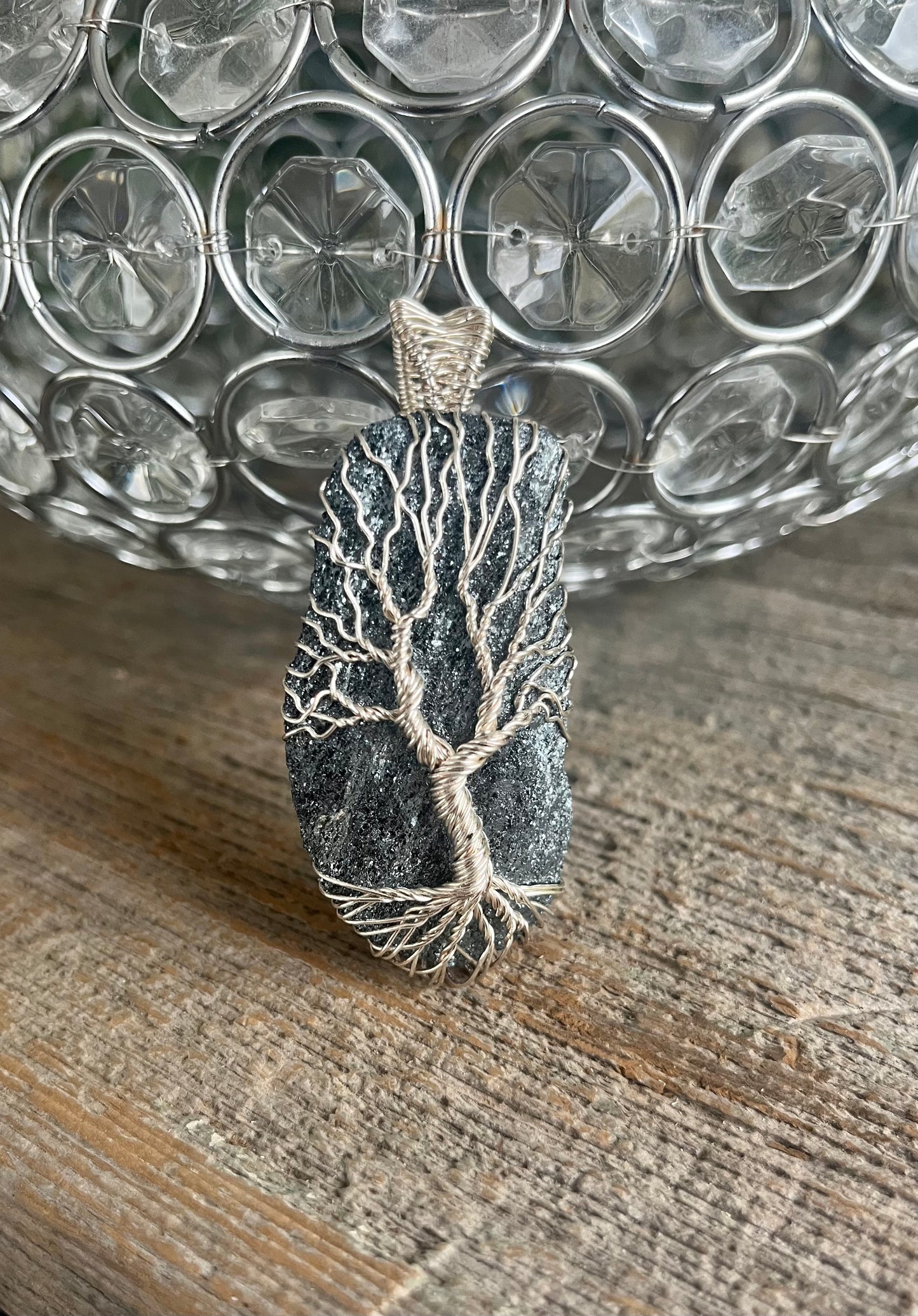 Specular Hematite pendant, silver wire, tree of life