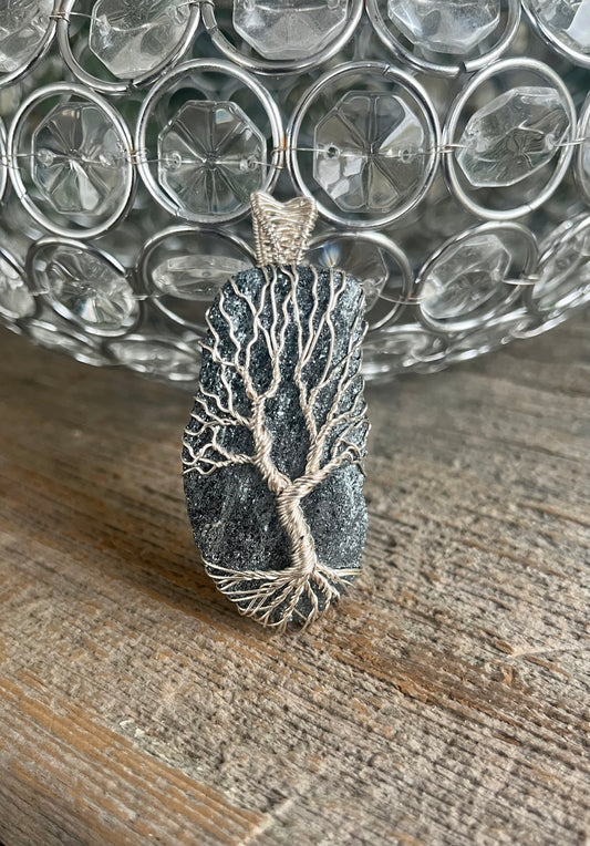 Specular Hematite pendant, silver wire, tree of life