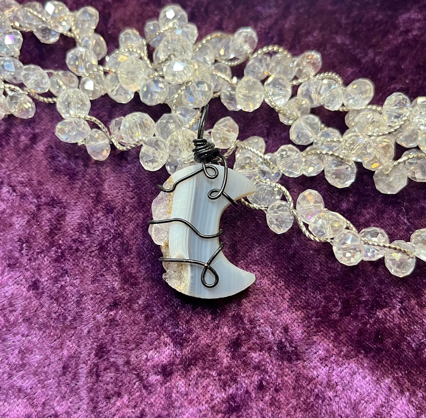 Amethyst & Agate Crescent Moon Pendant — Black Wire-Wrapped Crystal Necklace