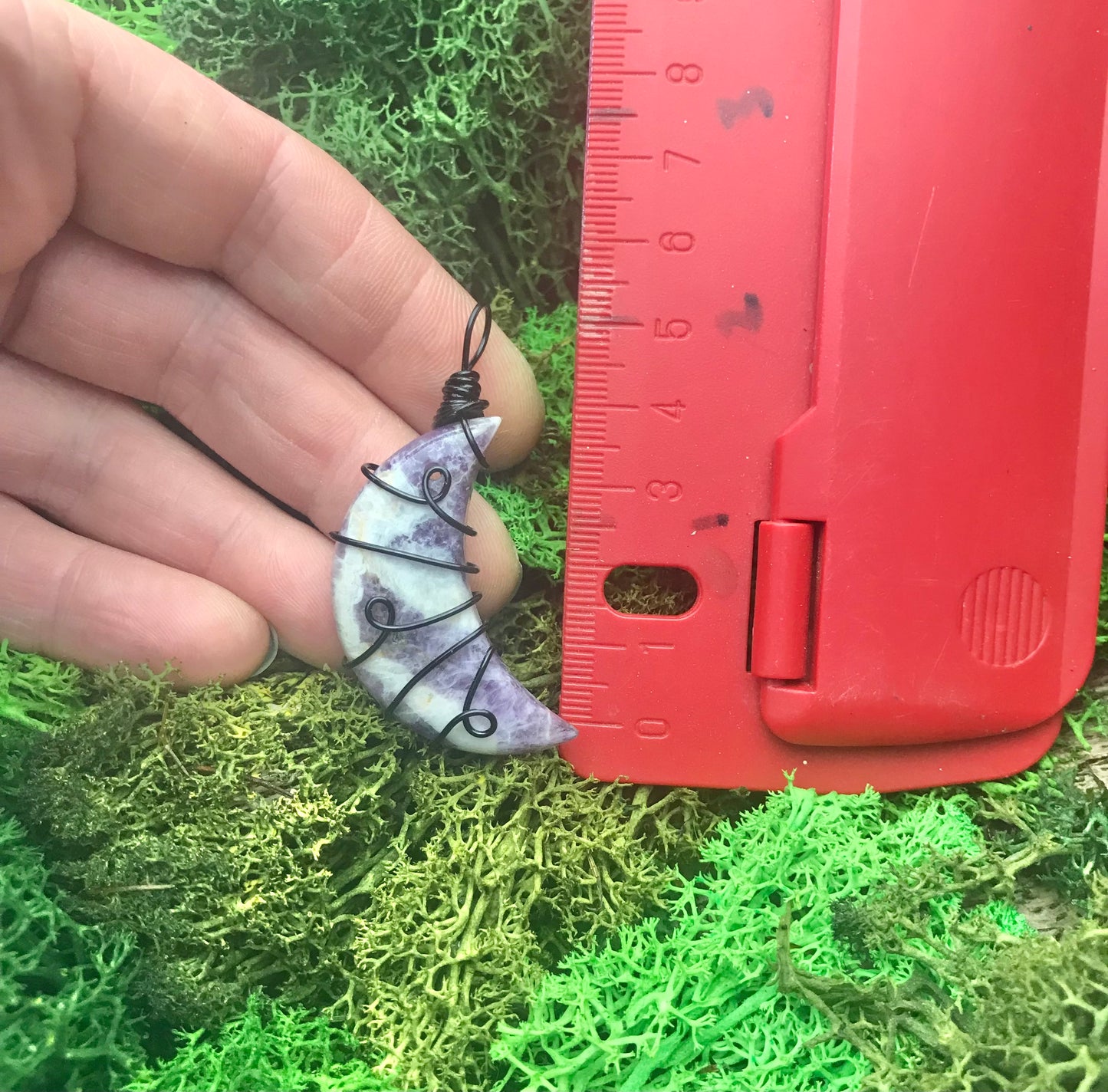 Amethyst Crescent Moon in black wire, pendant necklace