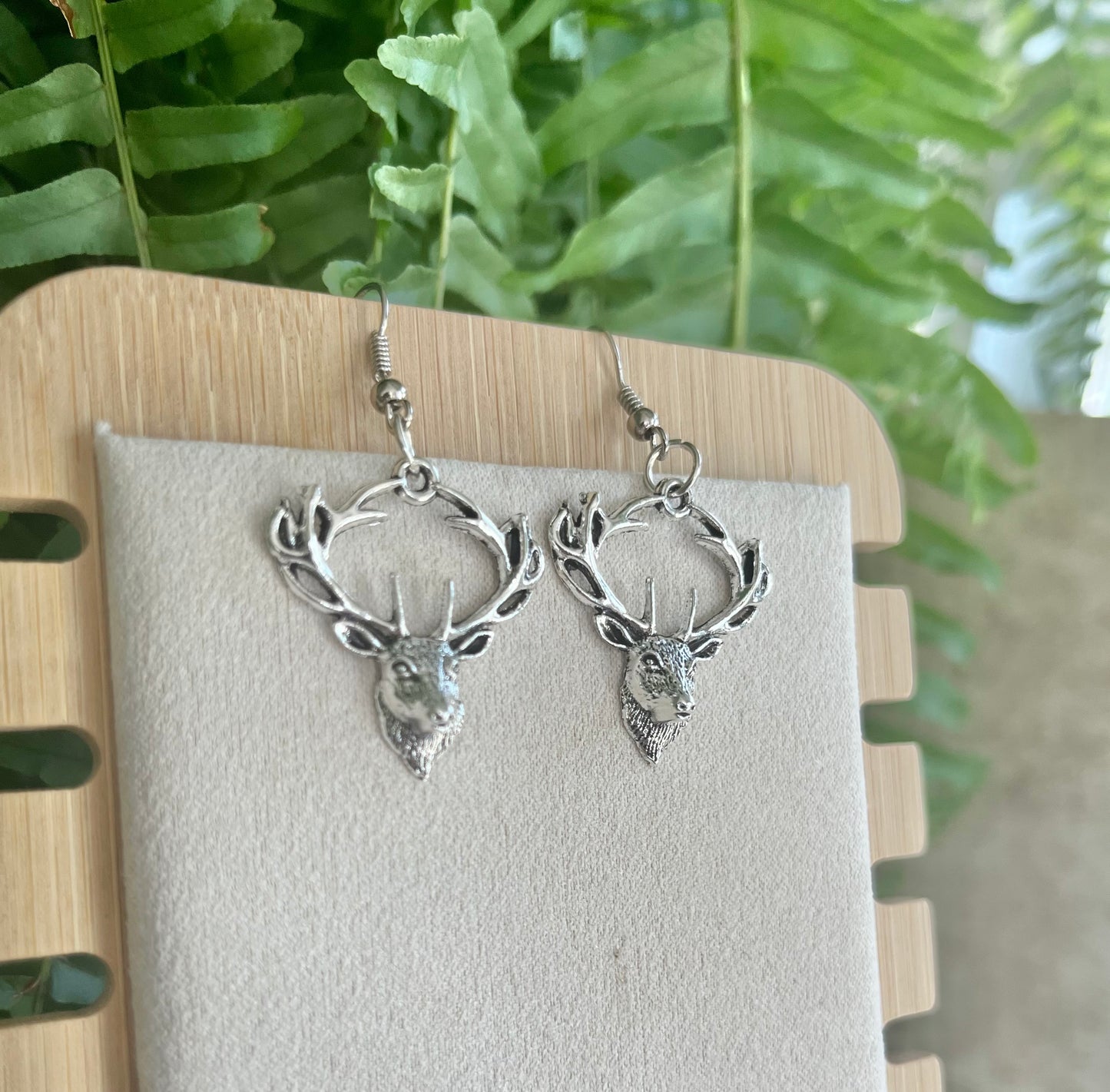 Deer Head Antler Earrings on silver stainless steel hooks