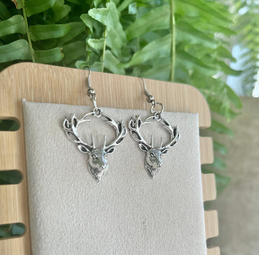 Deer Head Antler Earrings on silver stainless steel hooks