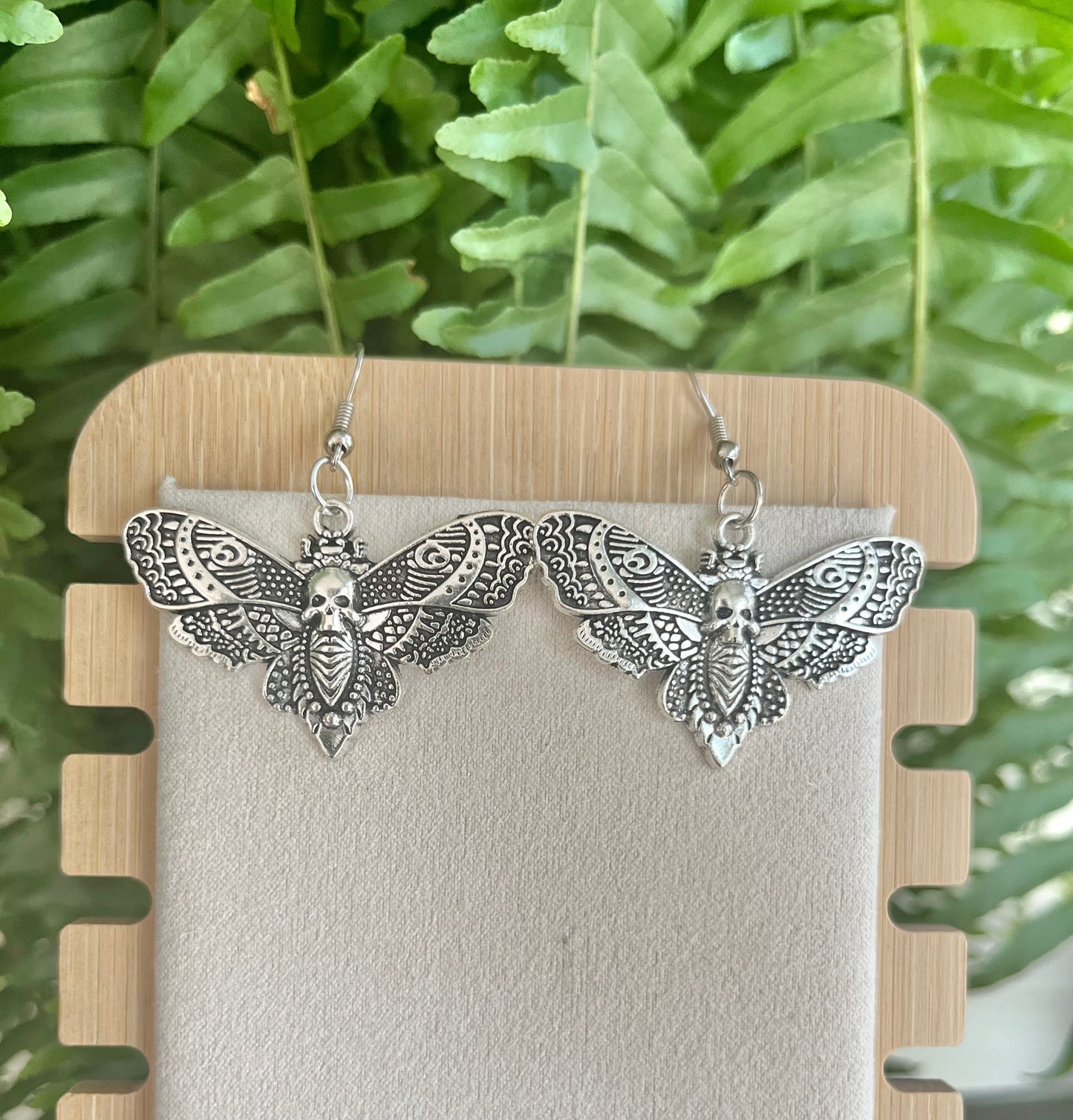 Moth and Skull Earrings on silver stainless steel hooks