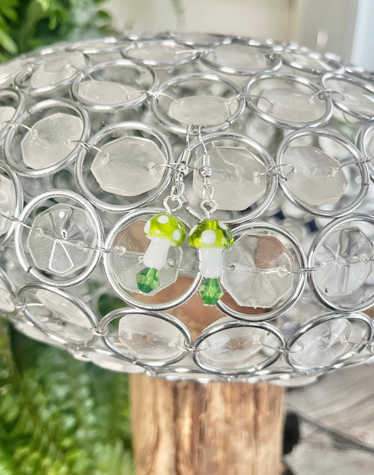 Handmade Glass Mushroom Earrings with Green Crystal Drops | Whimsical Fairycore Jewelry