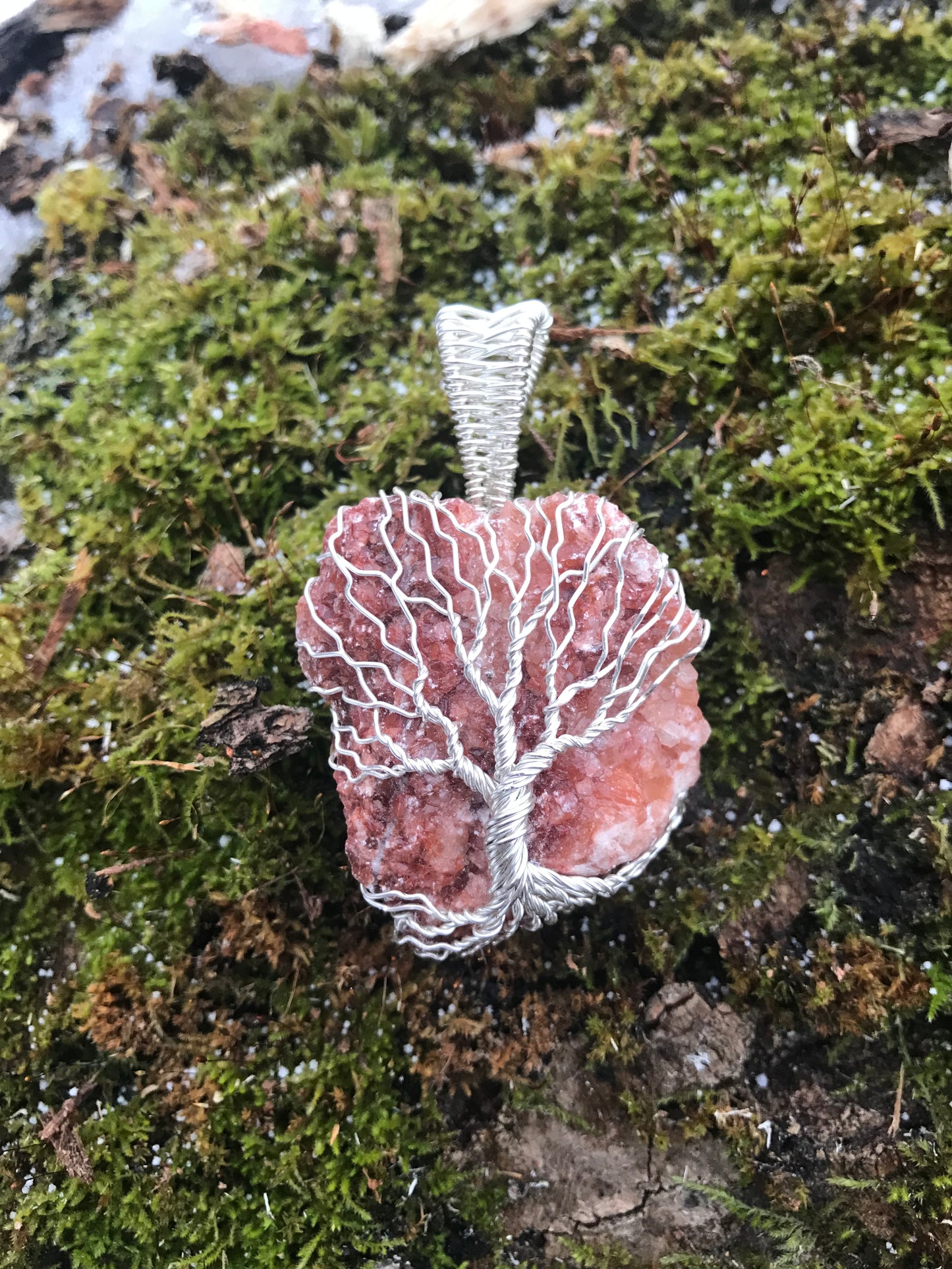 Orange/Red Calcite Tree of Life in Silver