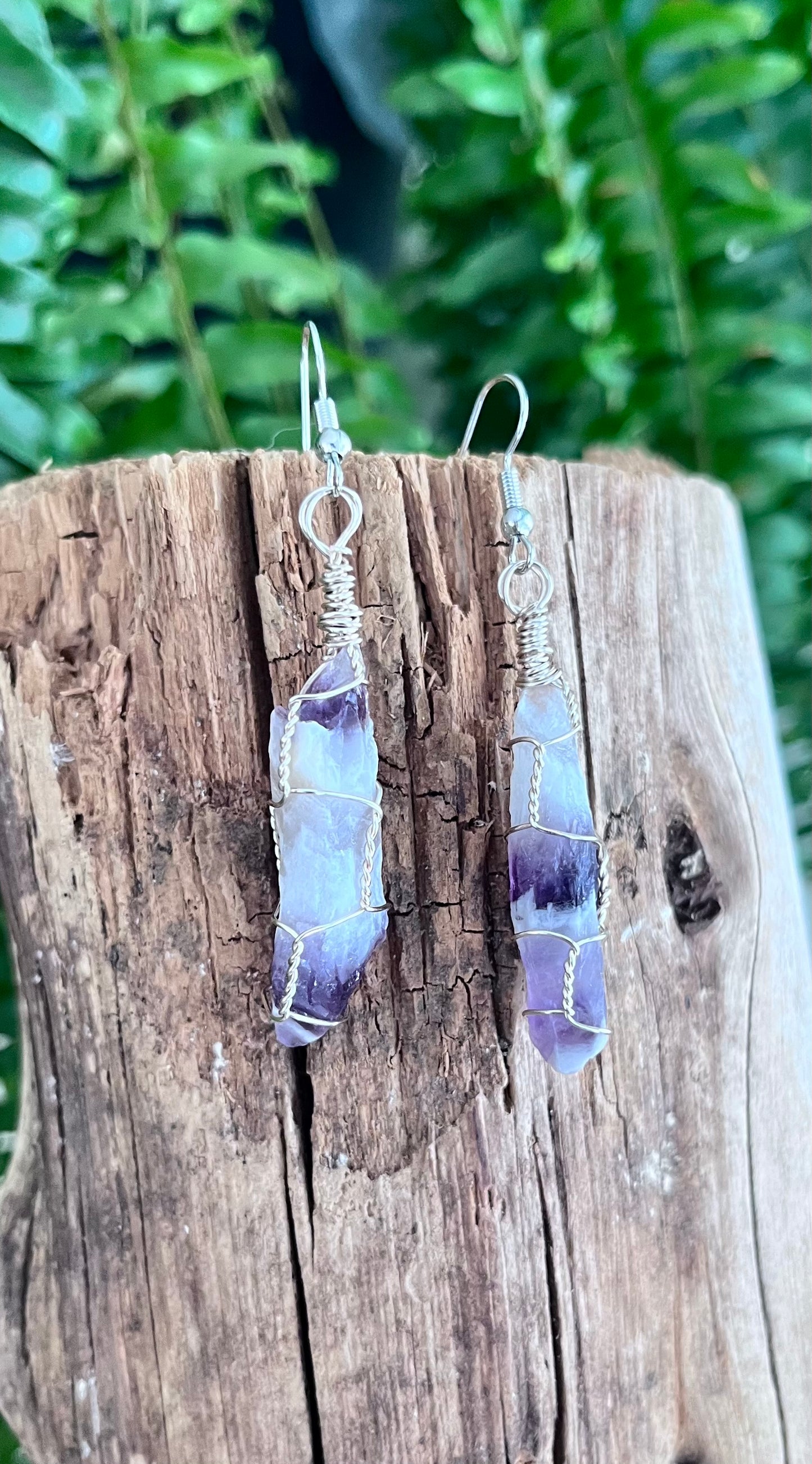 Brazilian Chevron Amethyst Wire Wrapped Earrings, Silver Wire