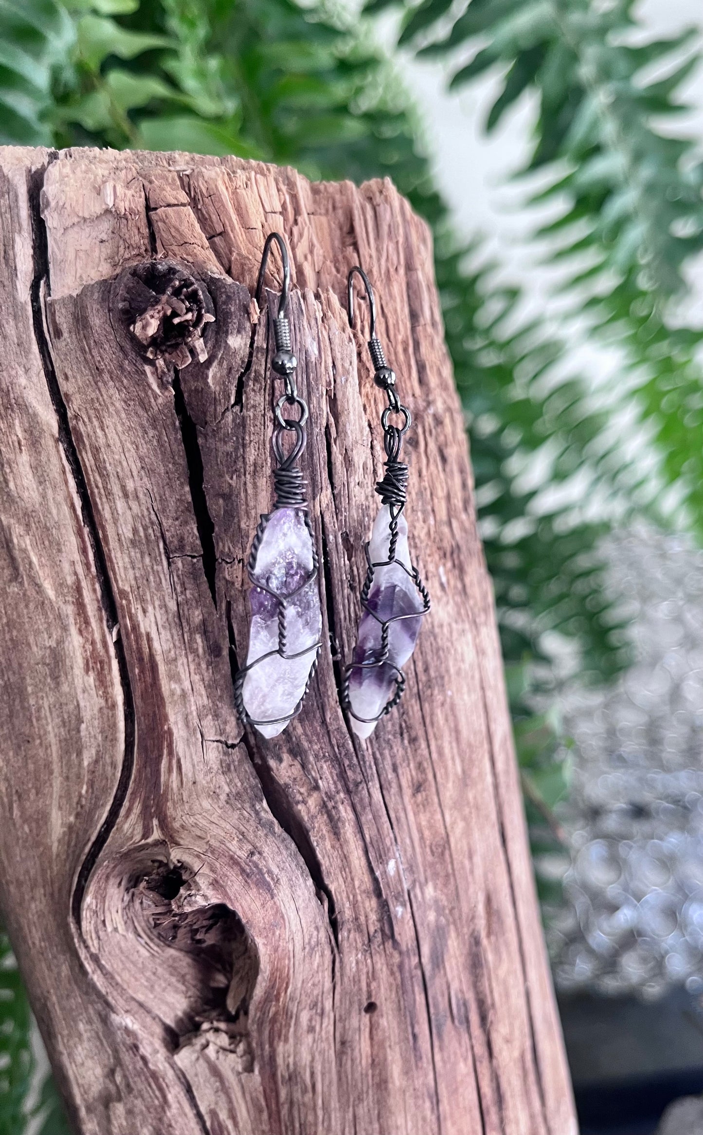 Brazilian Chevron Amethyst Crystal Point Copper Wire Wrapped Earrings | Oxidized Copper | Handmade Boho Gemstone Jewelry