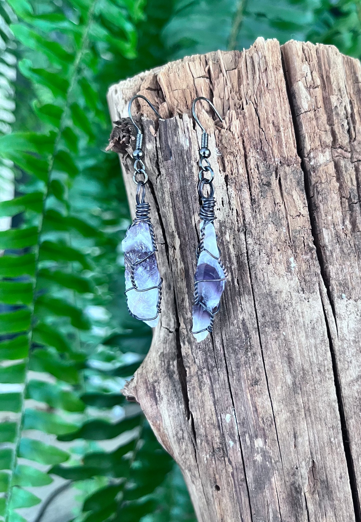 Brazilian Chevron Amethyst Crystal Point Copper Wire Wrapped Earrings | Oxidized Copper | Handmade Boho Gemstone Jewelry