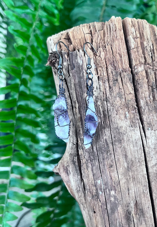 Brazilian Chevron Amethyst Crystal Point Copper Wire Wrapped Earrings | Oxidized Copper | Handmade Boho Gemstone Jewelry