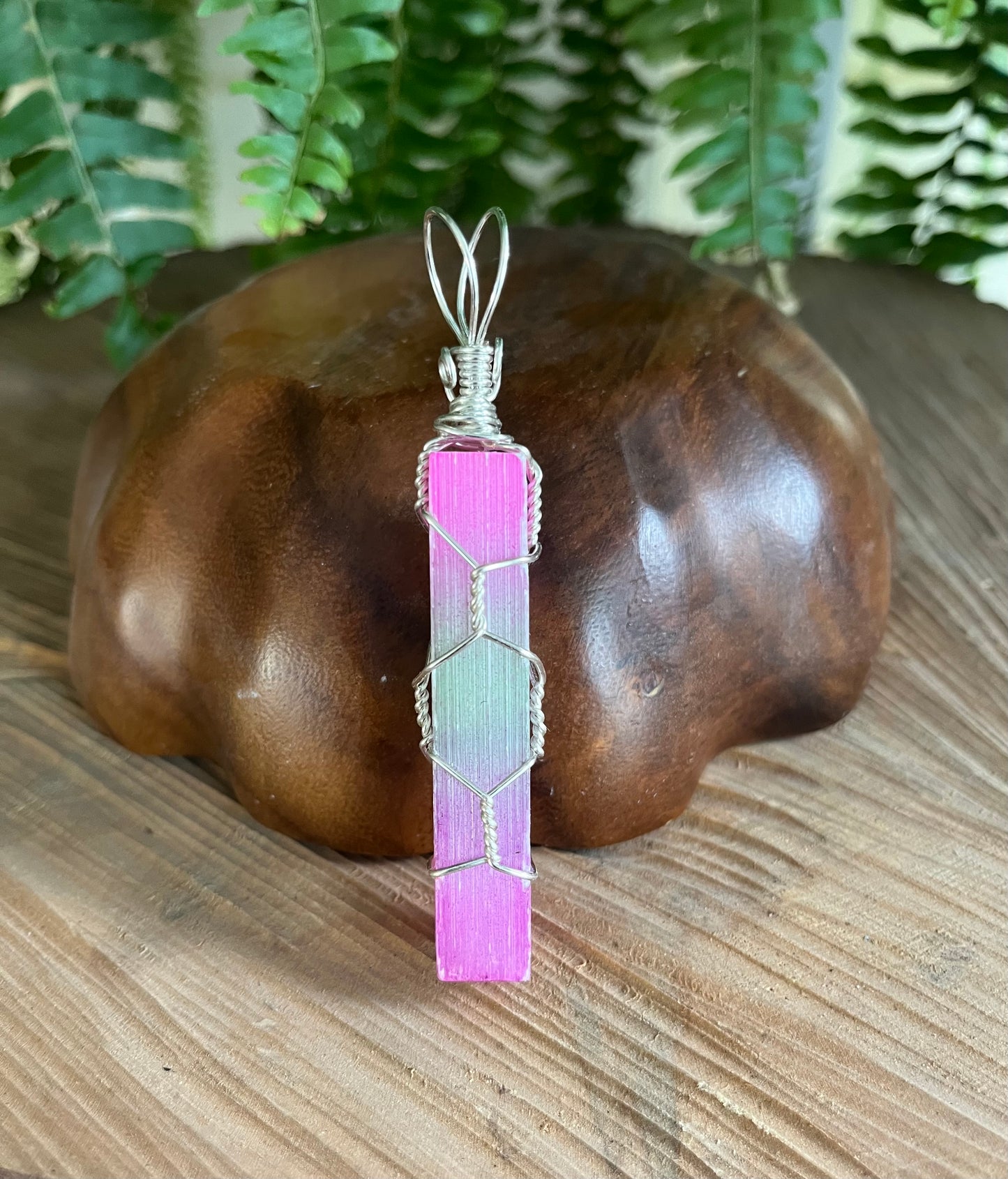 Rainbow Selenite in silver wire pendant necklace