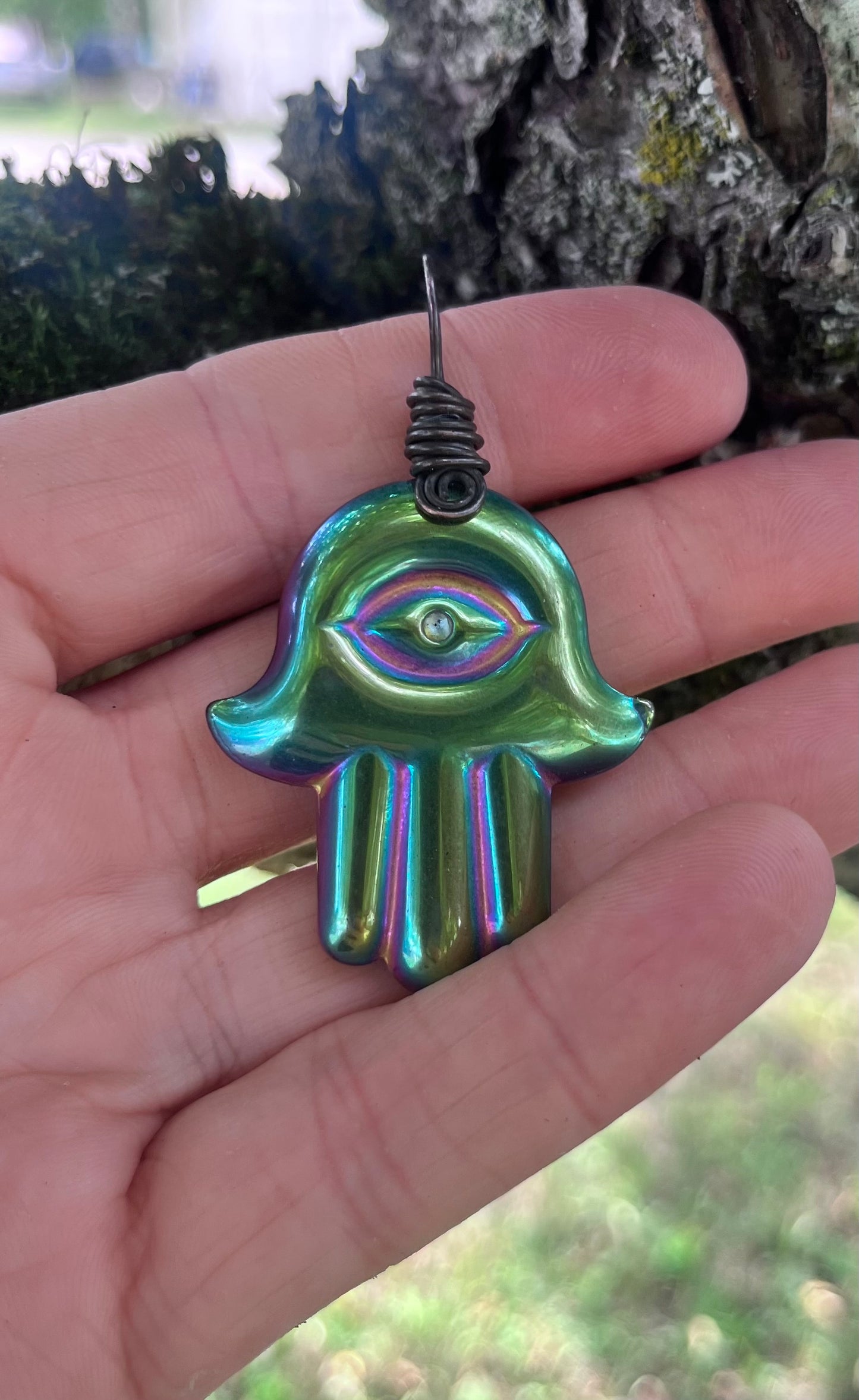 Rainbow Obsidian Hamsa Hand Pendant | Copper Wire Wrapped Evil Eye Crystal Necklace