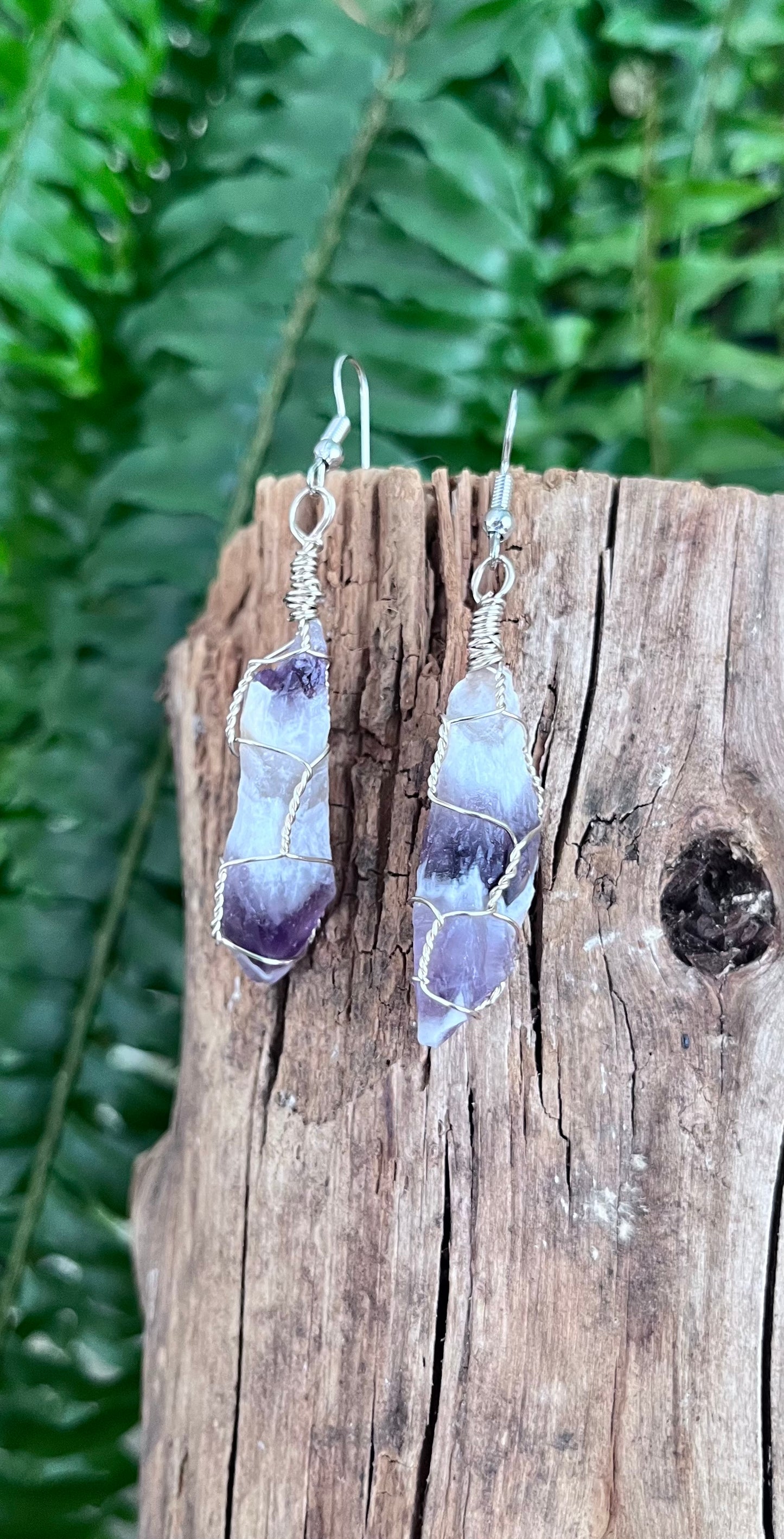 Brazilian Chevron Amethyst Wire Wrapped Earrings, Silver Wire