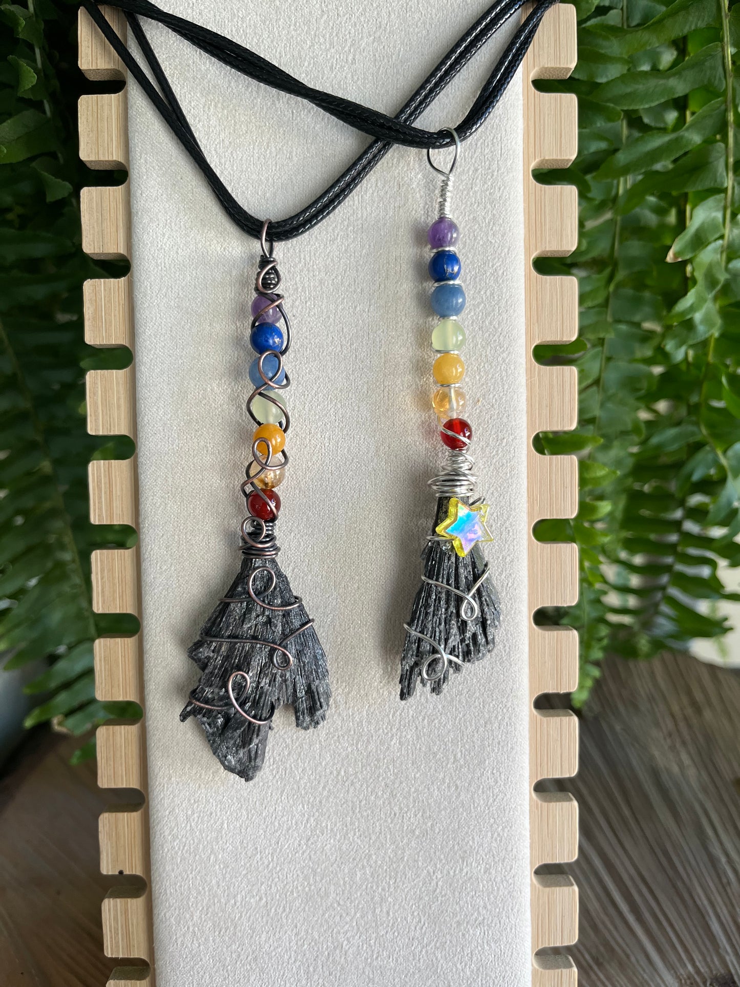 Black Kyanite Broom in black wire with chakra beads