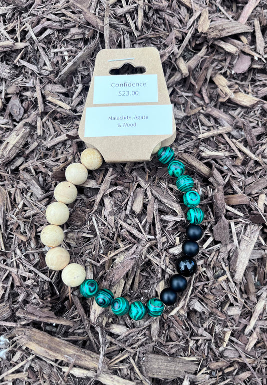 Confidence Bracelet | Malachite, Agate & Wood Bead Bracelet | Handmade Stretch Bracelet