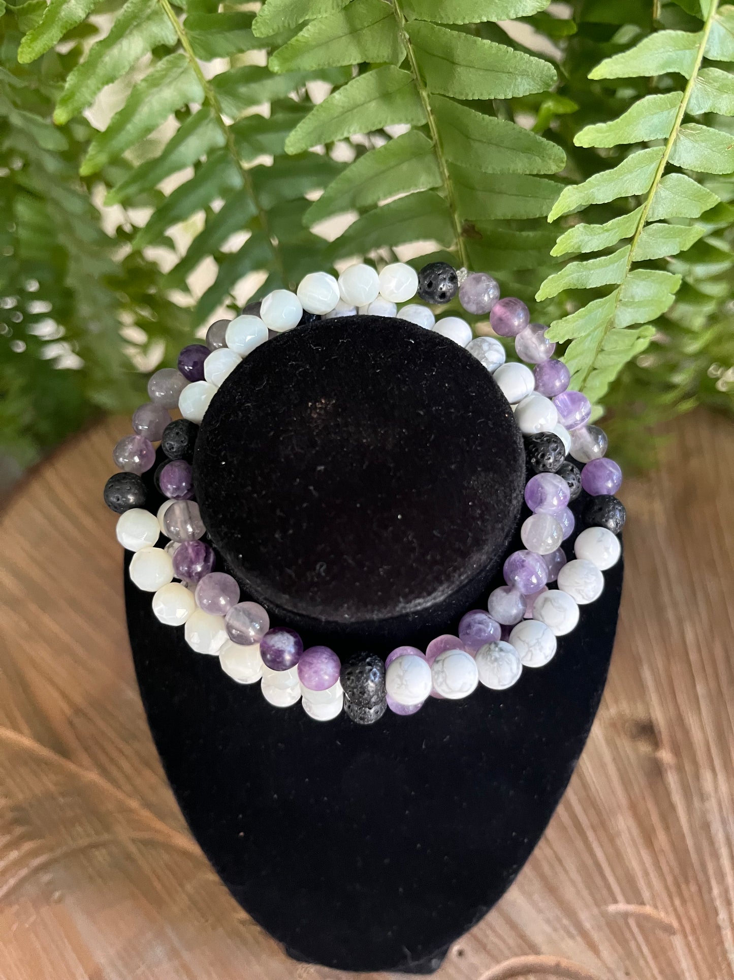 “Reduce Anxiety” Stretchy Bracelet with Amethyst, Howlite, Moonstone, & Lava Beads