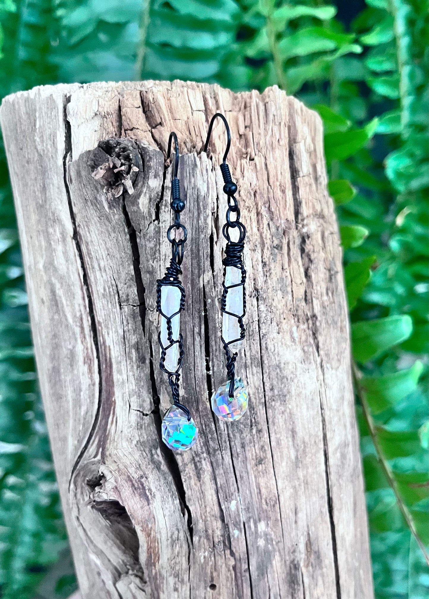 Wire Wrapped Clear Quartz Spear & Faceted Crystal Drop Earrings – Black