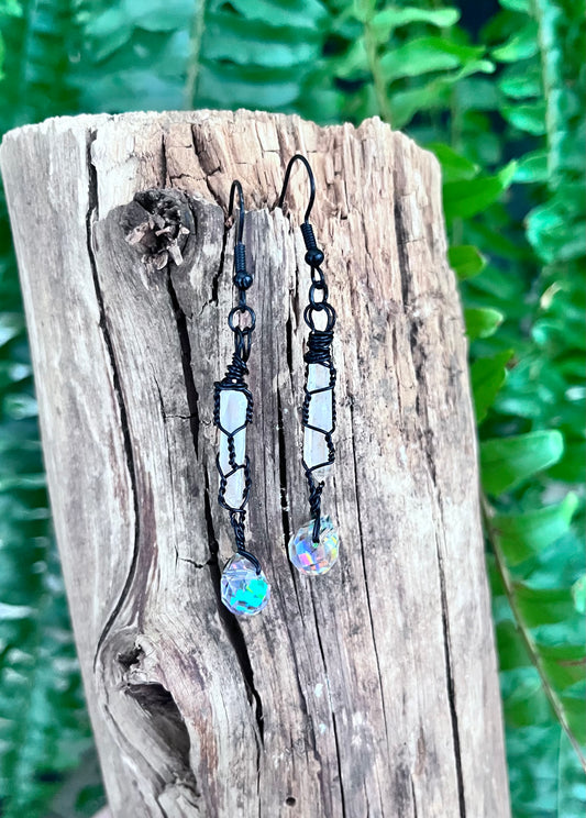 Wire Wrapped Clear Quartz Spear & Faceted Crystal Drop Earrings – Black