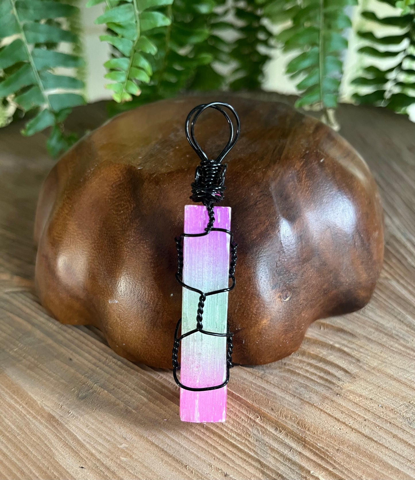 Rainbow Selenite in black wire pendant necklace