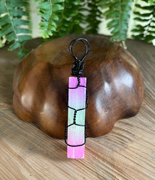 Rainbow Selenite in black wire pendant necklace