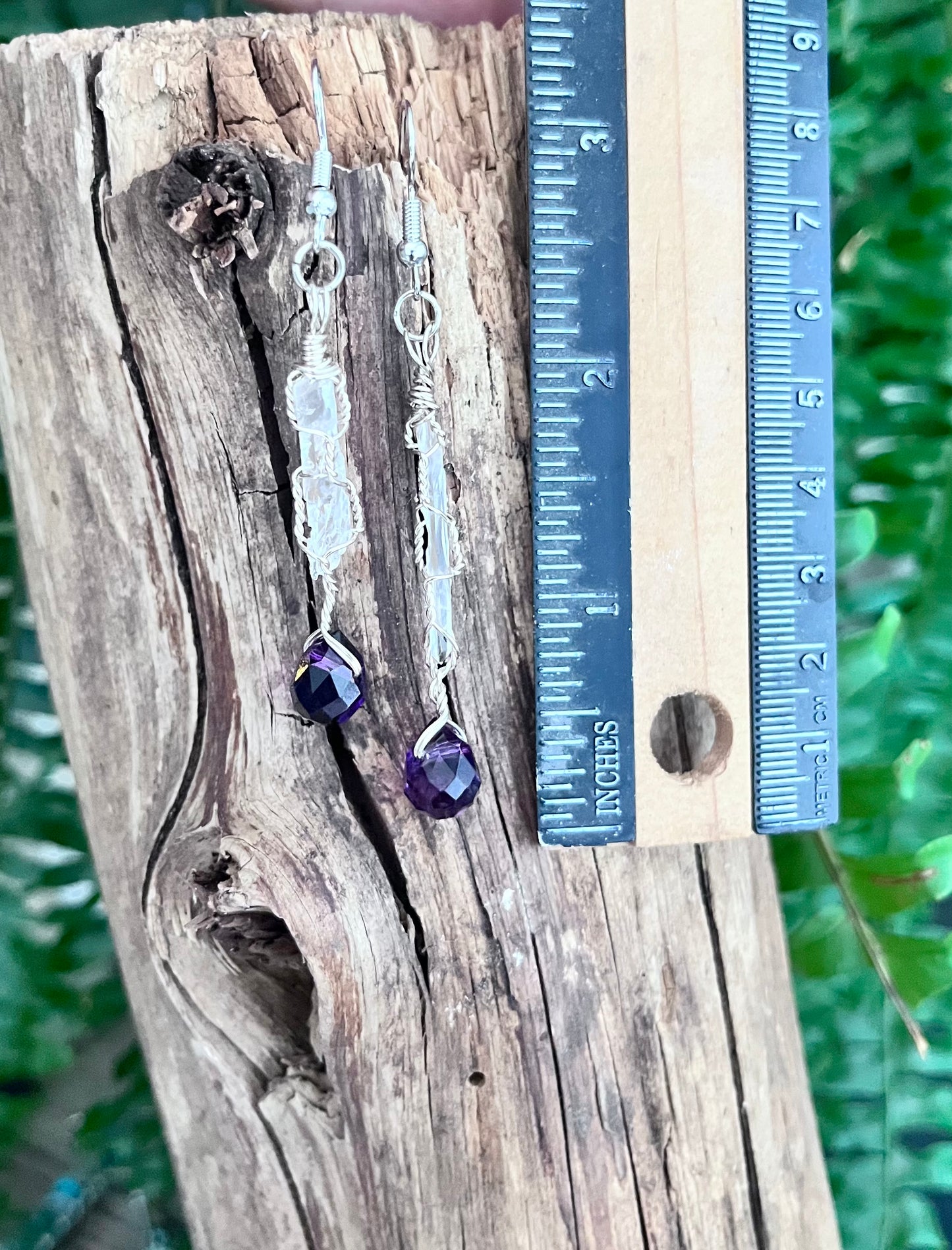 Wire Wrapped Clear Quartz Spear & Purple Faceted Crystal Drop Earrings – Silver