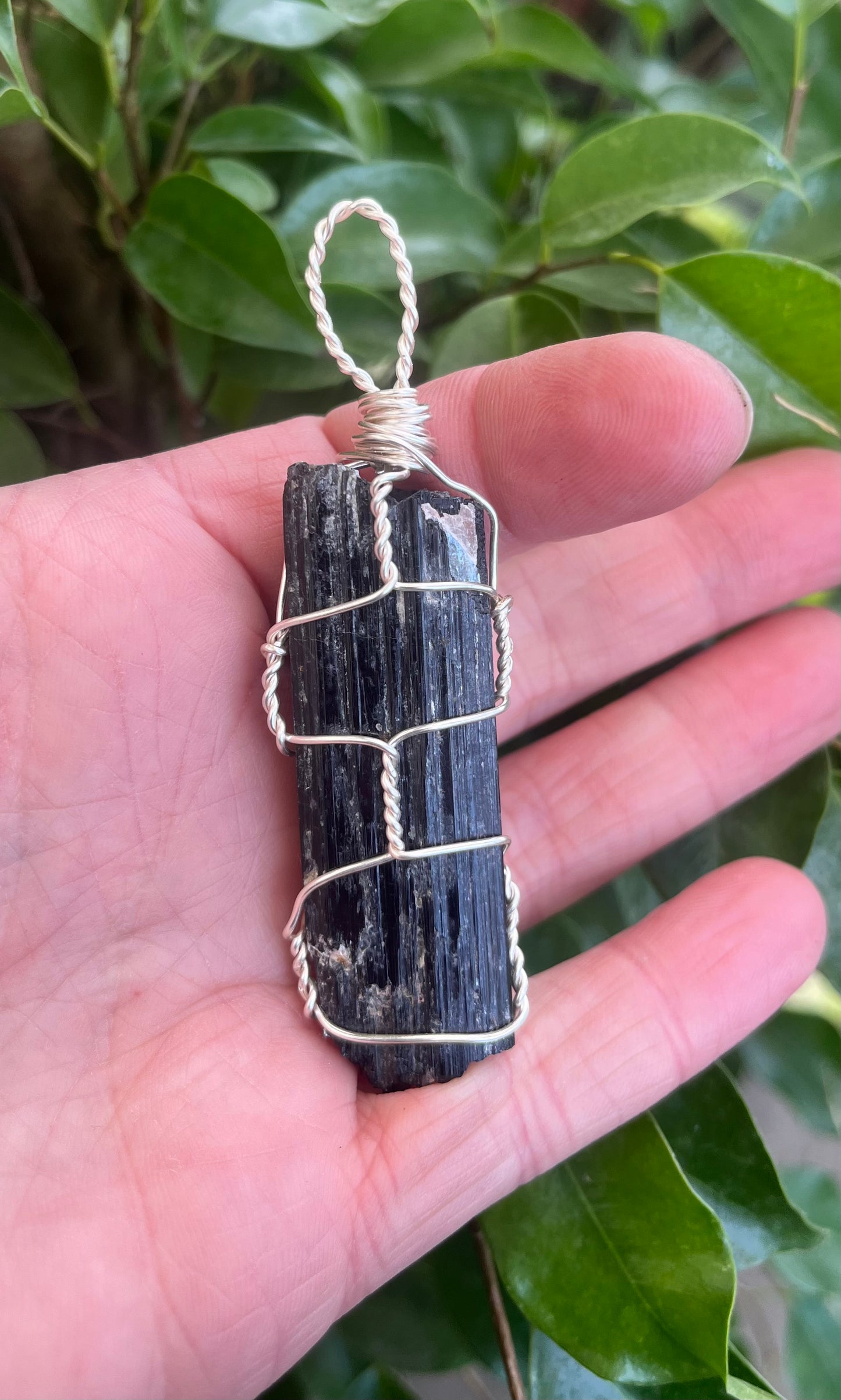 Raw Black Tourmaline Crystal Pendant – Handwrapped in Silver Wire – Protective Grounding Stone with Natural Inclusions
