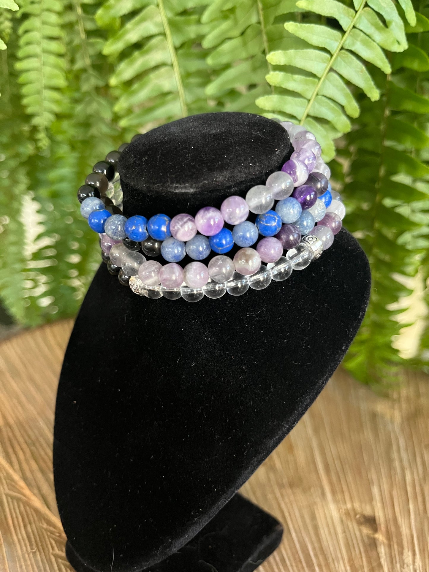 “Emotional Healing” Stretchy Bracelet with Amethyst, Lapis Lazuli, Black Obsidian, White Quartz beads