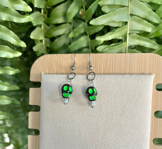 Green & Black Skull Safety Pin Earrings on silver stainless steel hooks