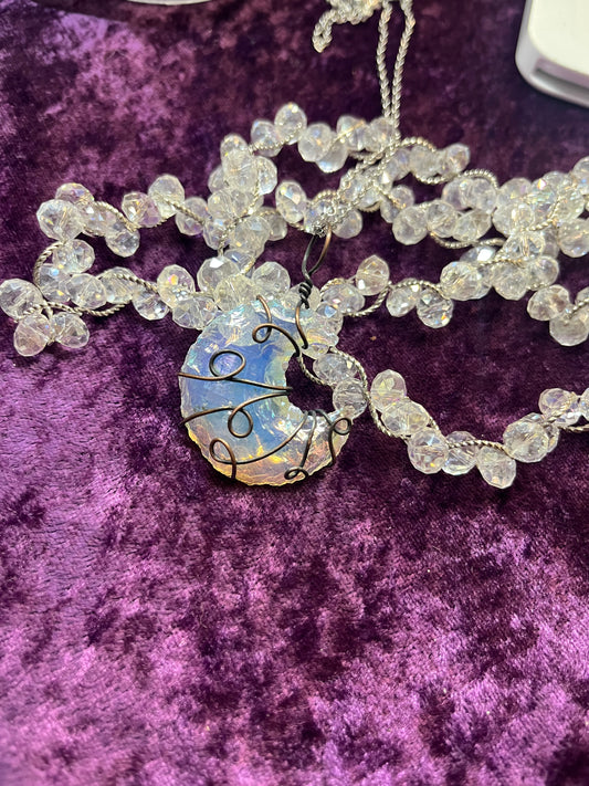 Iridescent Crescent Opalite Pendant — Hand-Wrapped in “Antiqued” Copper Wire