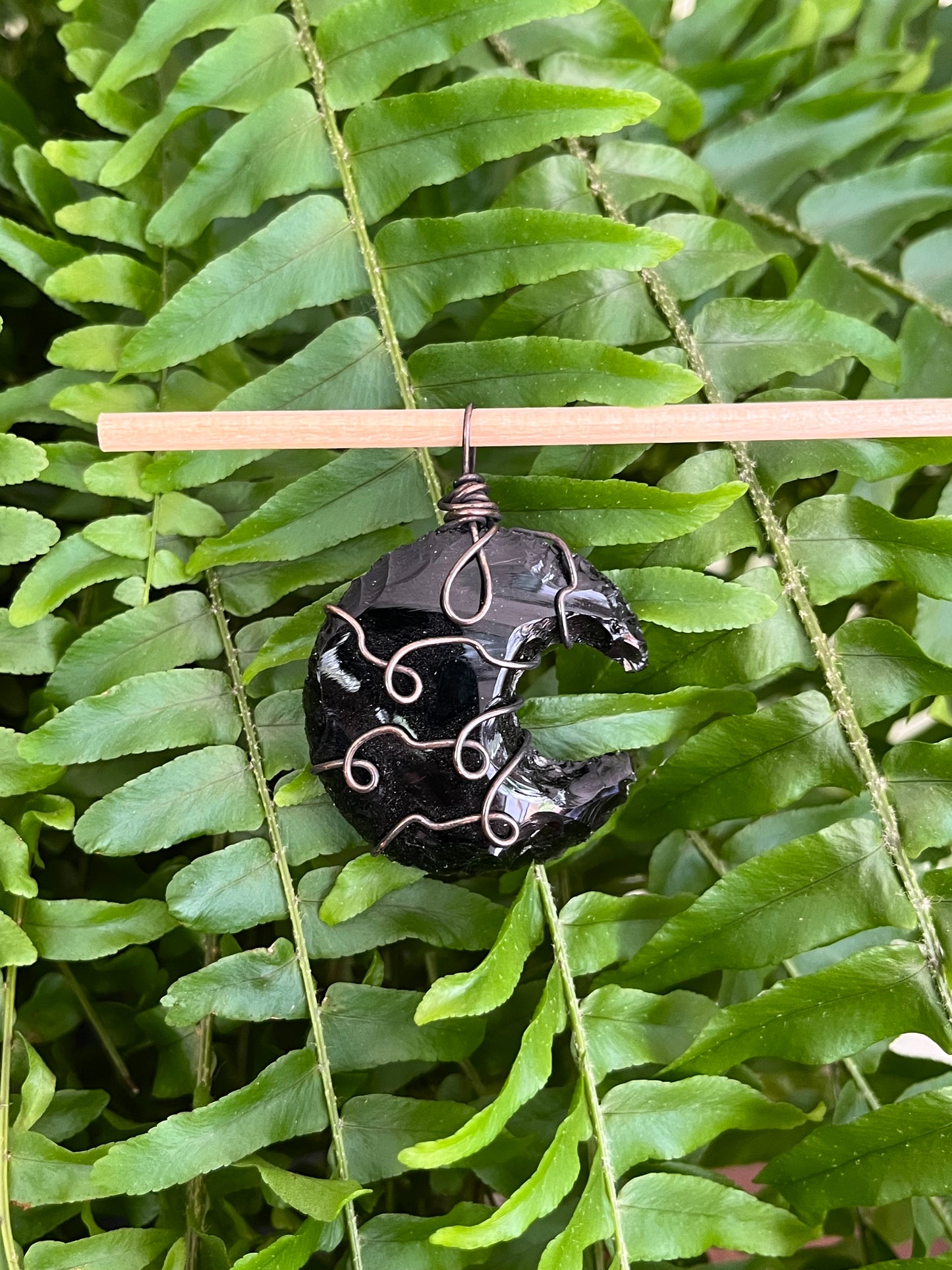 Obsidian Crescent Moon in Copper wire, pendant/necklace