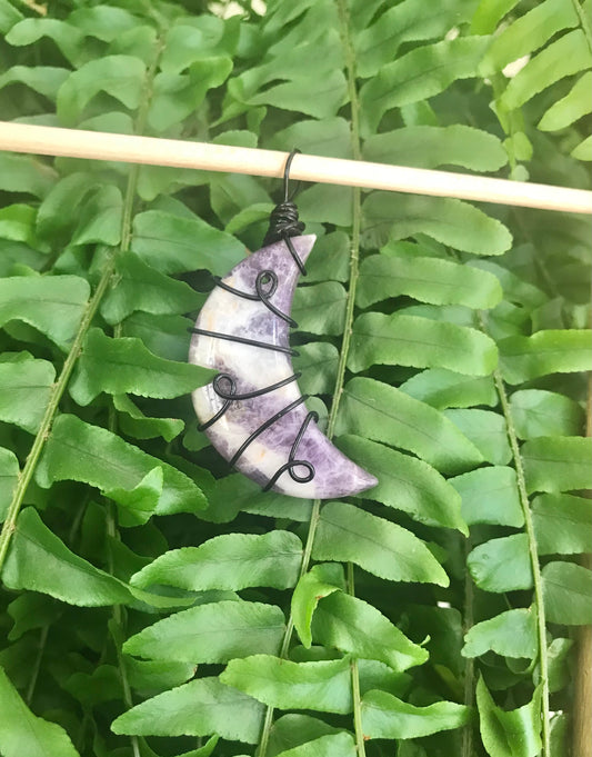 Amethyst Crescent Moon in black wire, pendant necklace